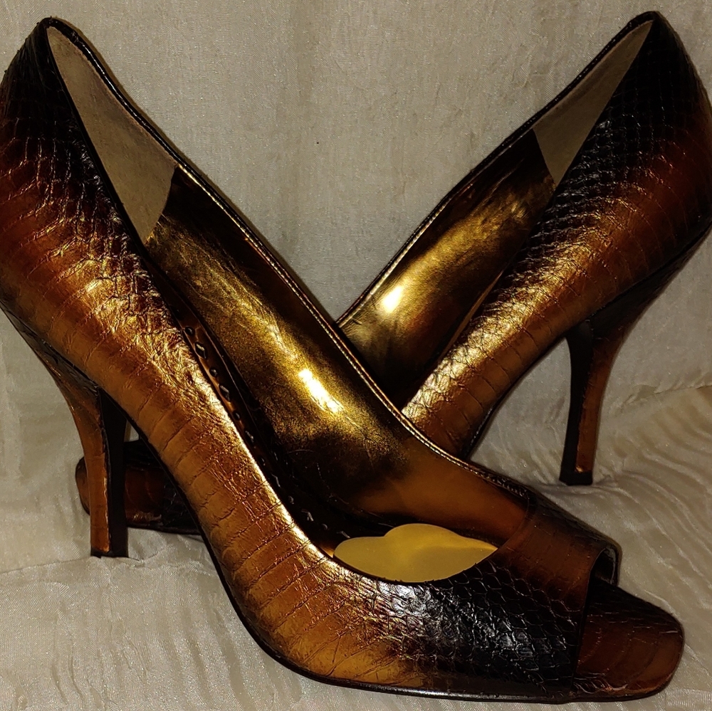 BCBGirls Stilettos Open toe Dress Shoes copper snake skin design